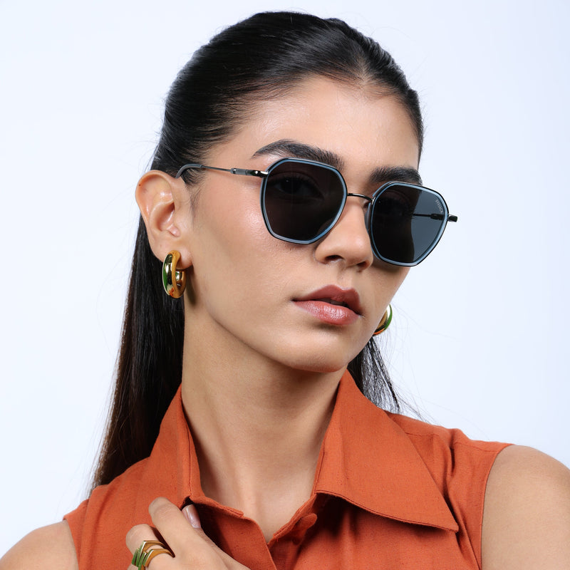 Eyejack Aura Sky Blue & Grey Hexagonal Polarized Sunglasses for Men & Women (2503PCL1482)