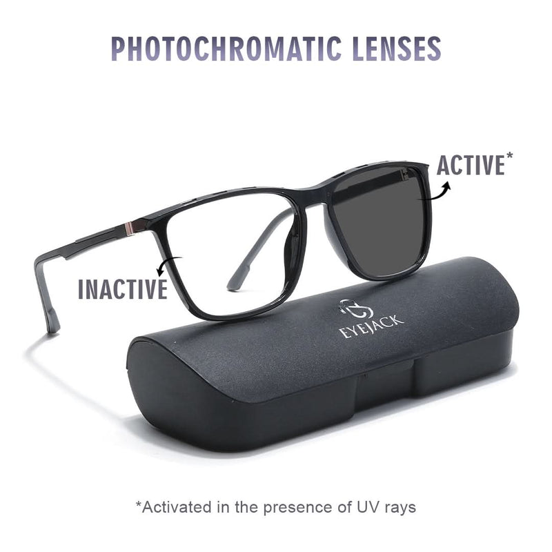 Eyejack Photochromic Shine Black Square Eyeglasses for Men & Women (18002CL587-C1)
