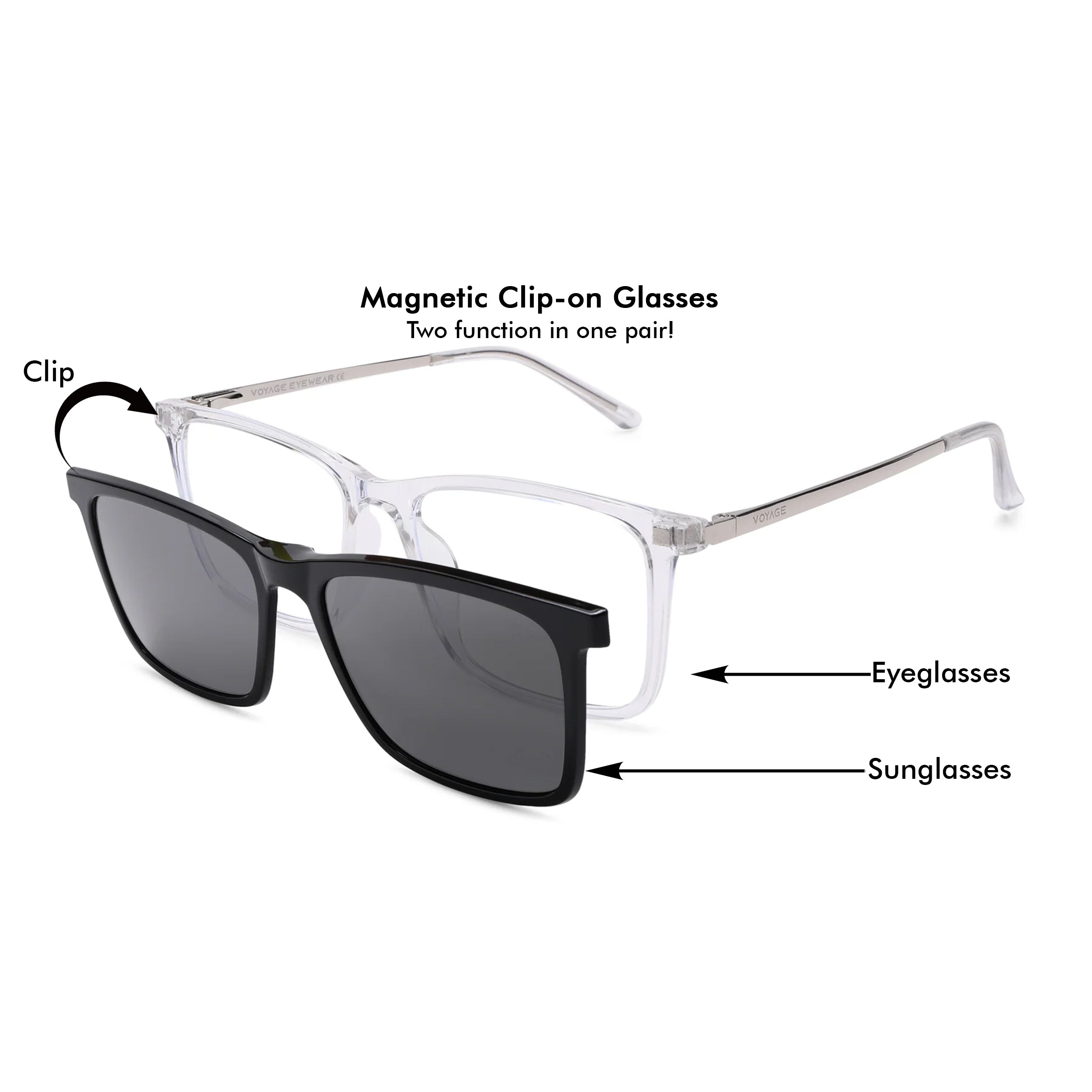 Voyage Transparent Wayfarer TR Clip-On Polarized Sunglasses for Men & Women (2185PMG4666-C2)