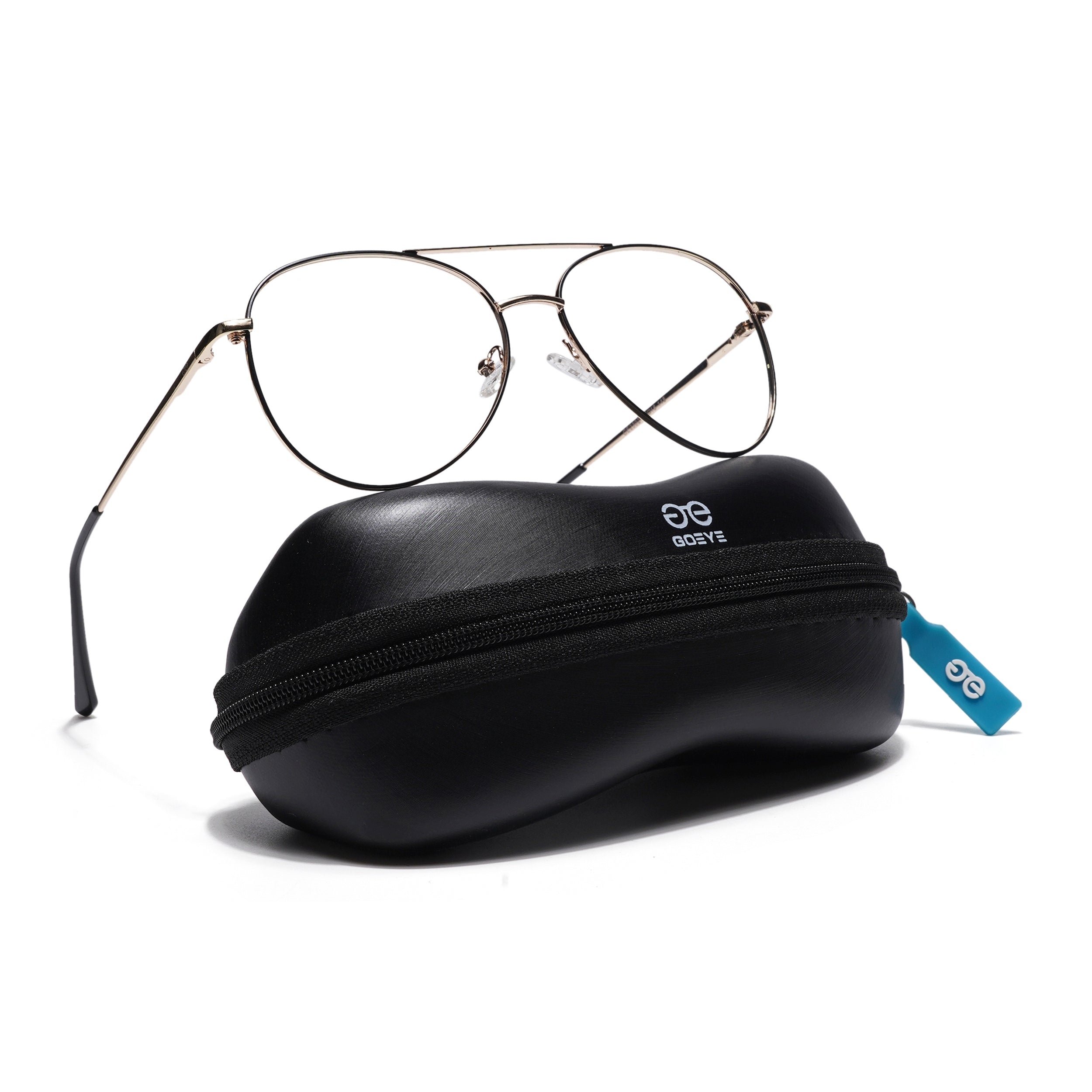 Thin Black & Golden Aviator Eyeglasses for Men & Women (2302GE1799-C5)