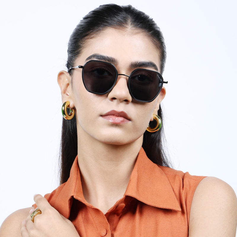 Eyejack Aura Black & Grey Hexagonal Polarized Sunglasses for Men & Women (2503PCL1479)