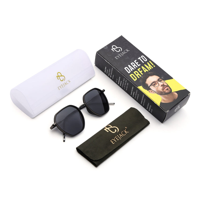 Eyejack Aura Black & Grey Hexagonal Polarized Sunglasses for Men & Women (2503PCL1479)