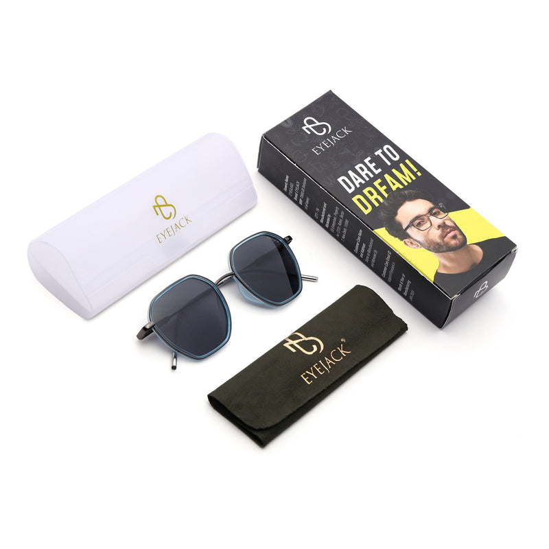 Eyejack Aura Sky Blue & Grey Hexagonal Polarized Sunglasses for Men & Women (2503PCL1482)