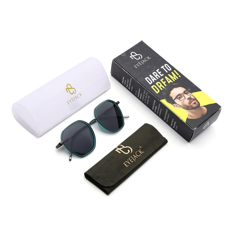 Eyejack Aura Sea Green & Grey Hexagonal Polarized Sunglasses for Men & Women (2503PCL1483)