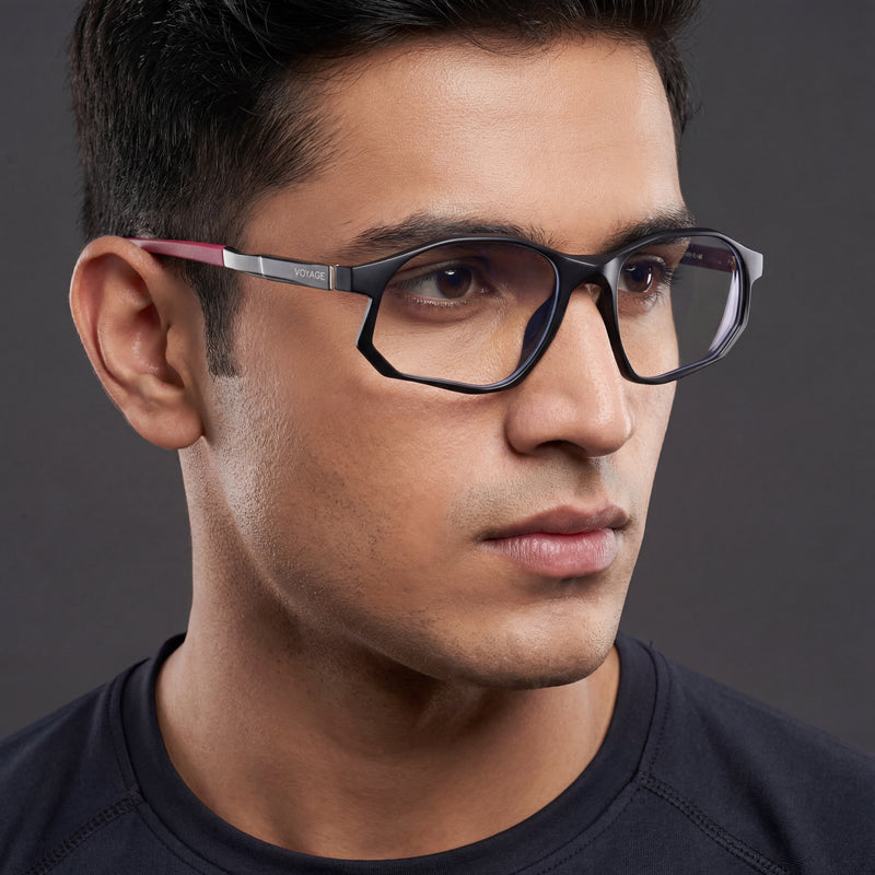 Voyage Striker Black & Red Rectangle Eyeglasses for Men & Women (52502MG6138-C6)