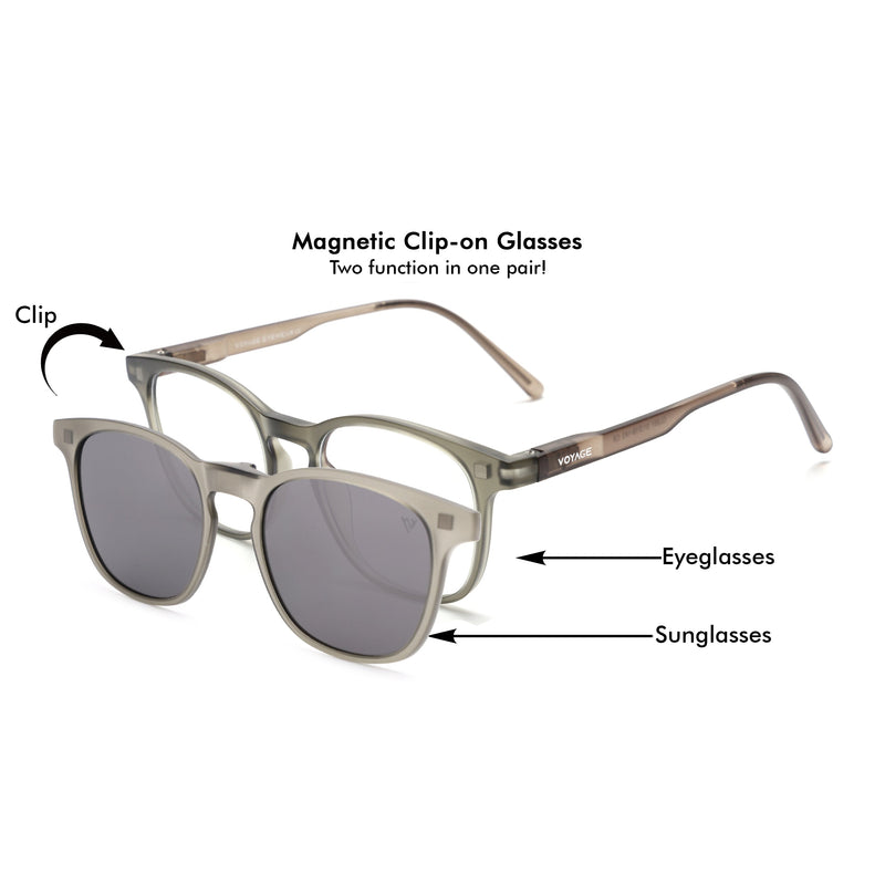 Round Clip-On Polarized Sunglasses for Men & Women (Clear Lens | Grey Frame - PMG7362)