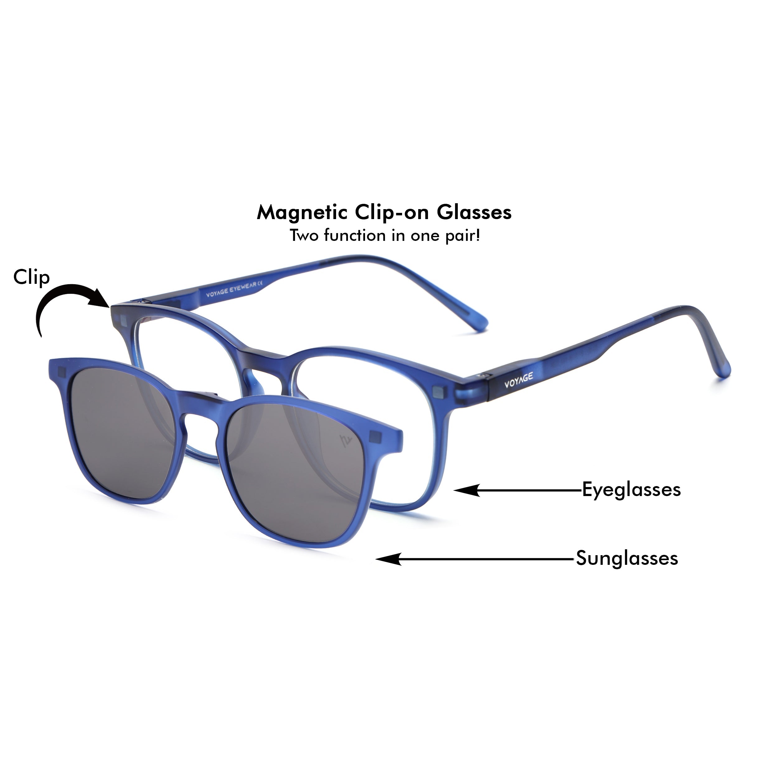 Round Clip-On Polarized Sunglasses for Men & Women (Clear Lens | Dark Blue Frame - PMG7363)