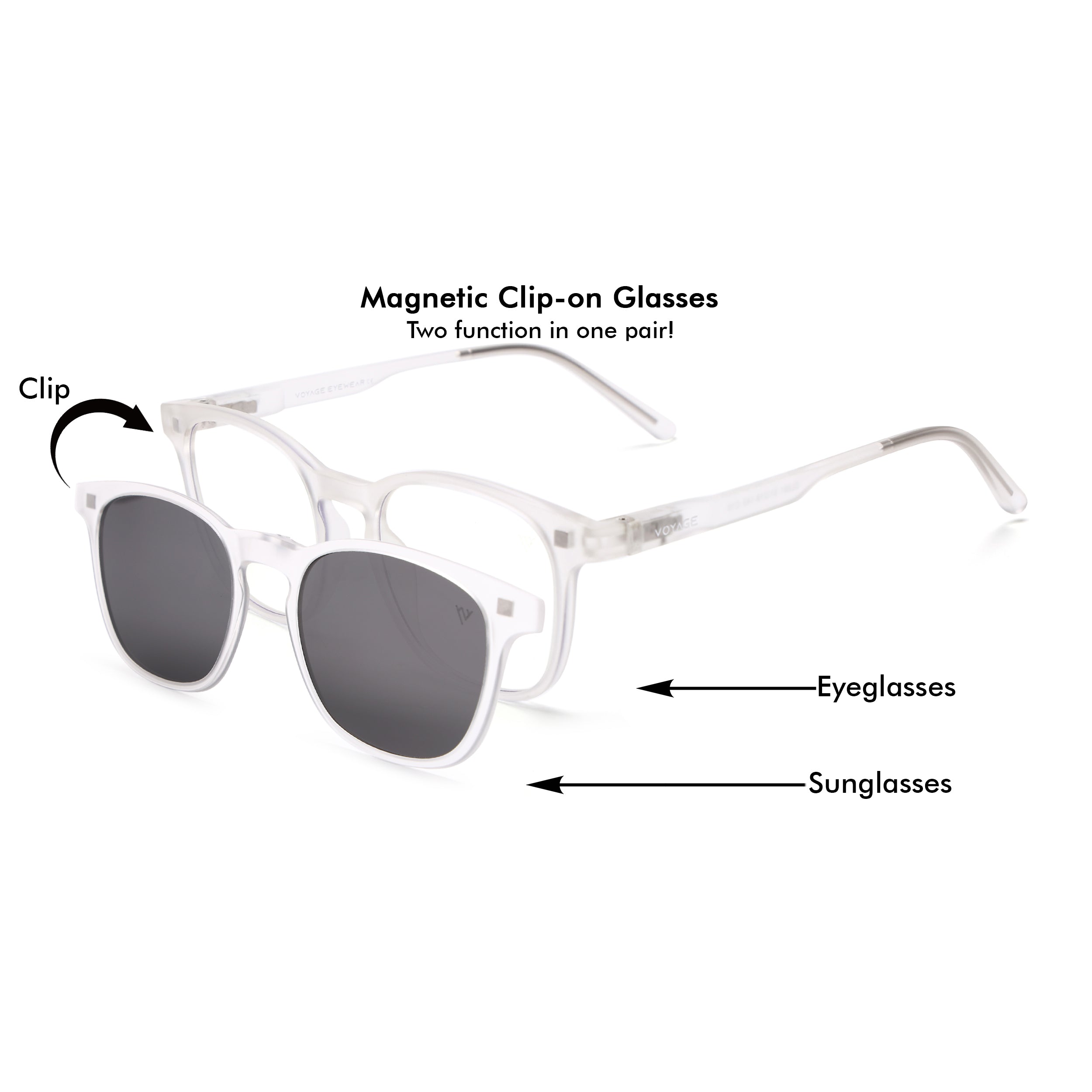 Round Clip-On Polarized Sunglasses for Men & Women (Clear Lens | Transparent Frame - PMG7366)