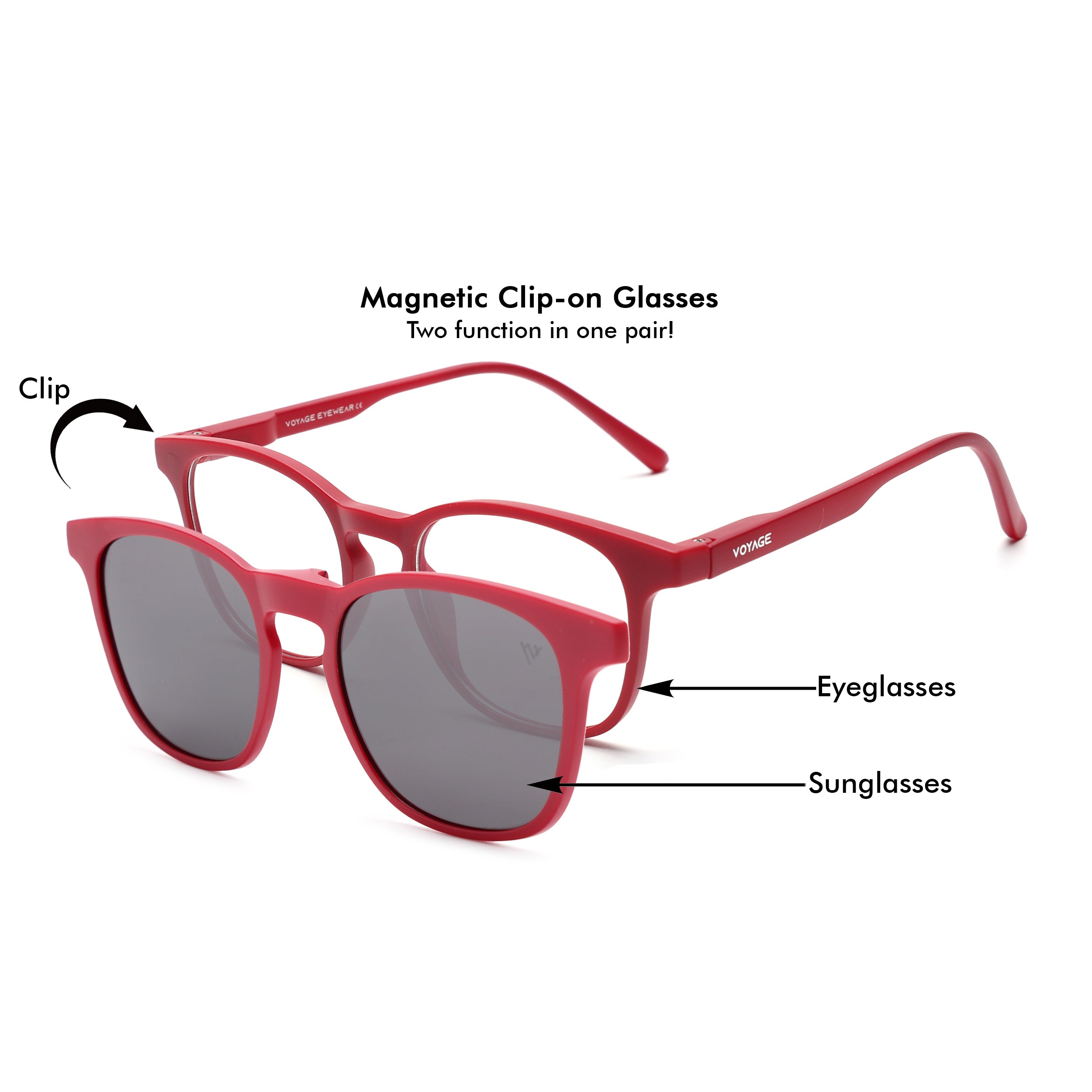 Round Clip-On Polarized Sunglasses for Men & Women (Clear Lens | Red Frame - PMG7367)