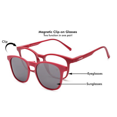 Round Clip-On Polarized Sunglasses for Men & Women (Clear Lens | Red Frame - PMG7367)