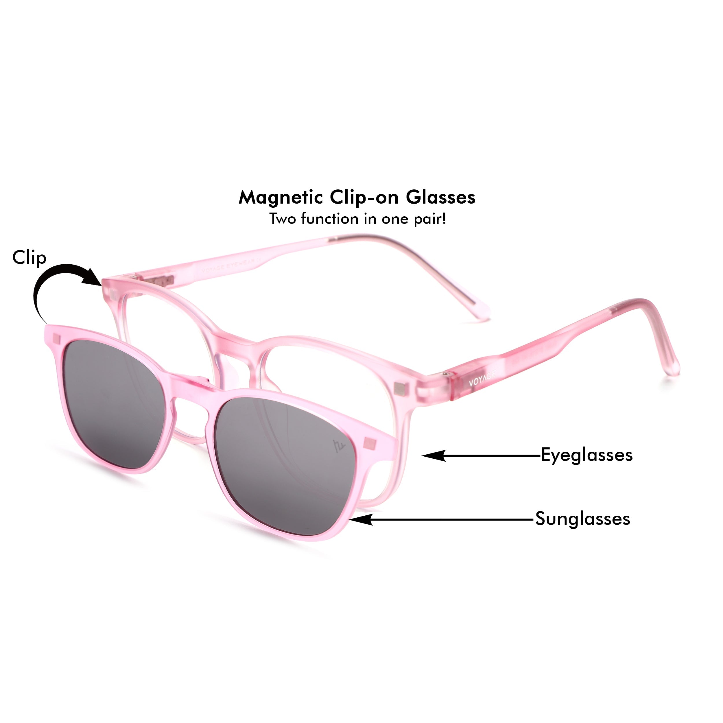 Round Clip-On Polarized Sunglasses for Men & Women (Clear Lens | Pink Frame - PMG7368)