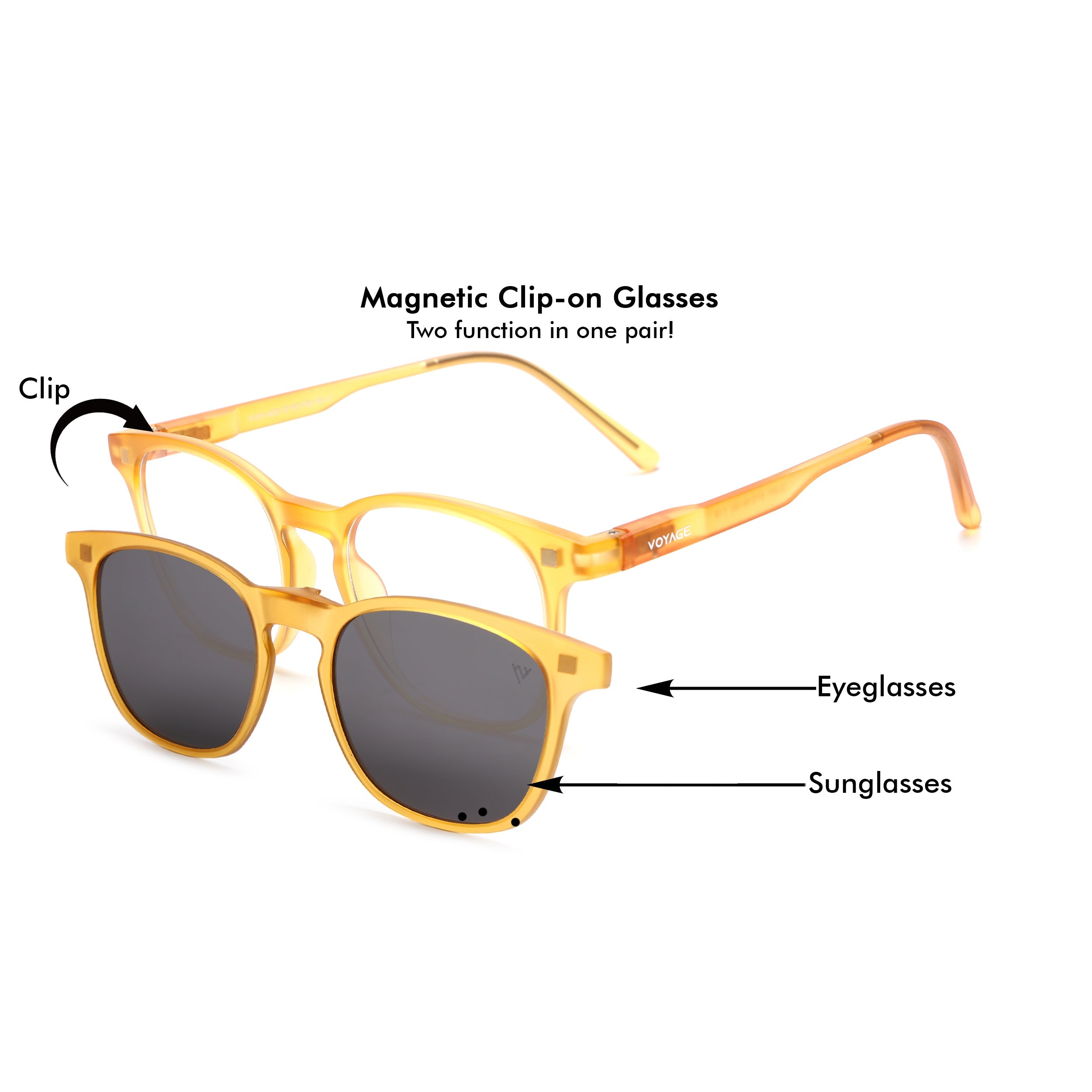 Round Clip-On Polarized Sunglasses for Men & Women (Clear Lens | Sun Yellow Frame - PMG7370)