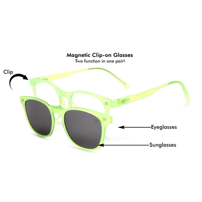 Round Clip-On Polarized Sunglasses for Men & Women (Clear Lens | Neon Frame - PMG7371)