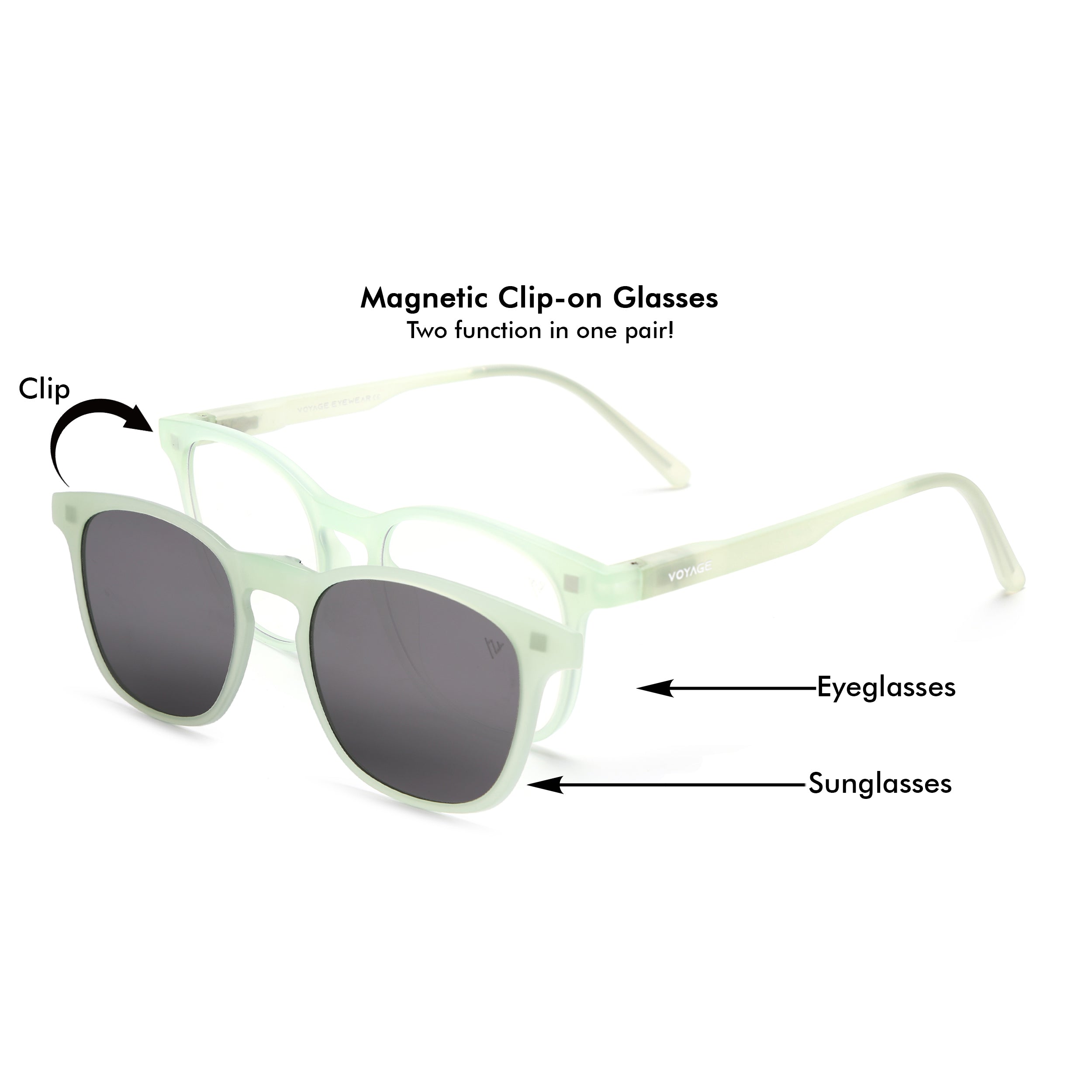 Round Clip-On Polarized Sunglasses for Men & Women (Clear Lens | Sea Green Frame - PMG7372)