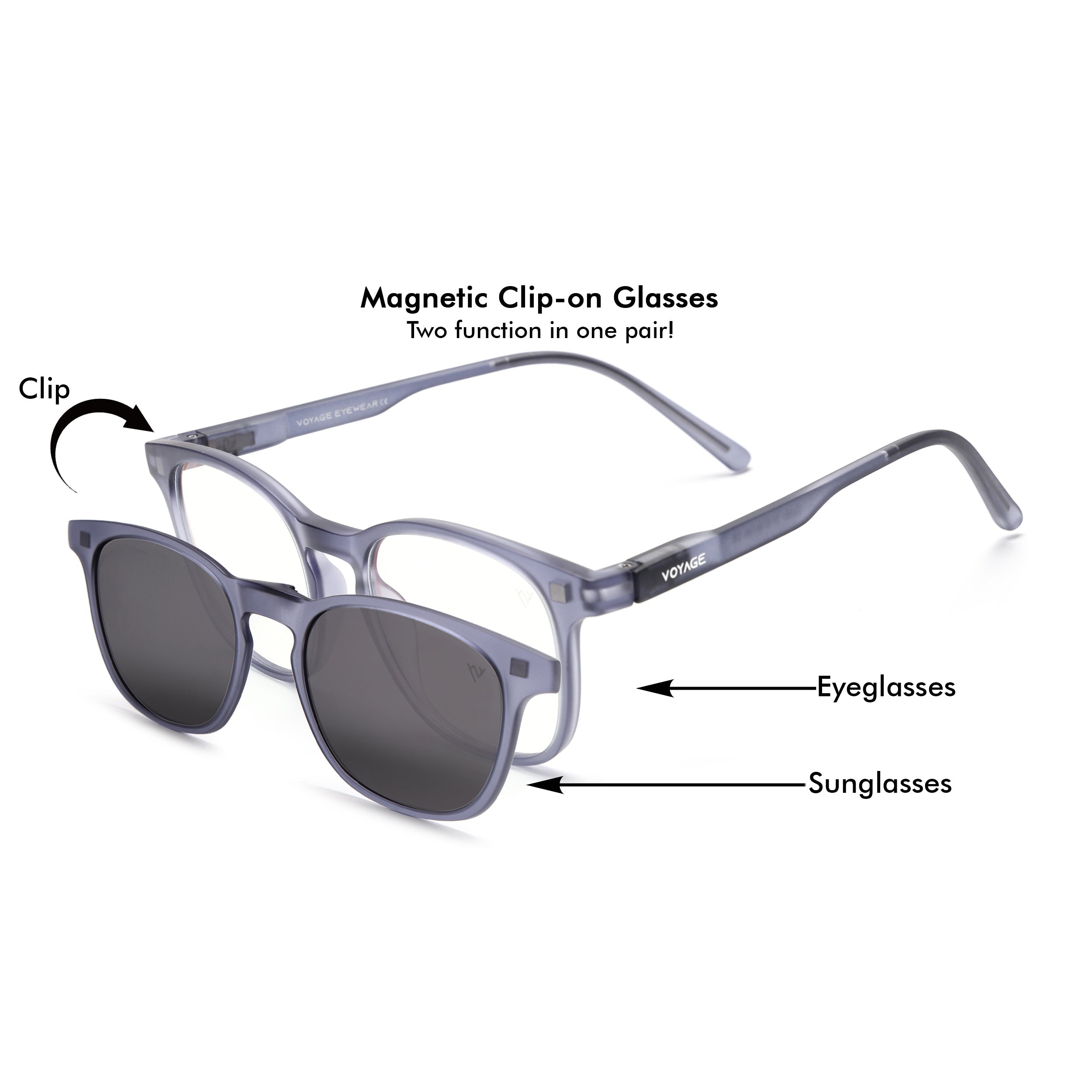 Round Clip-On Polarized Sunglasses for Men & Women (Clear Lens | Violet Frame - PMG7374)