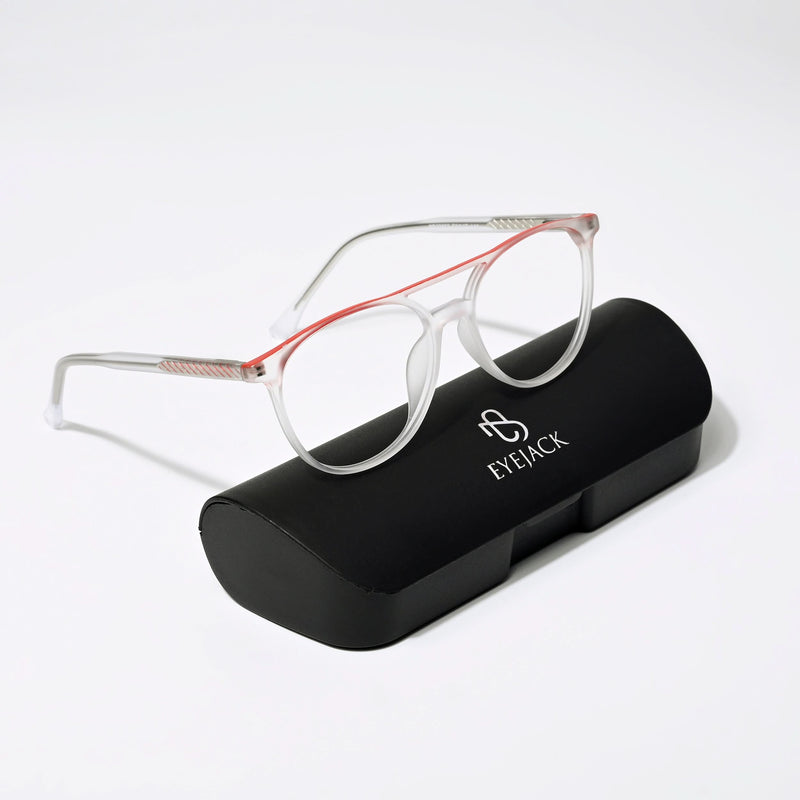 Eyejack Swift Matt Transparent & Red Oval Eyeglasses for Men & Women (MB23002CL140-C5)