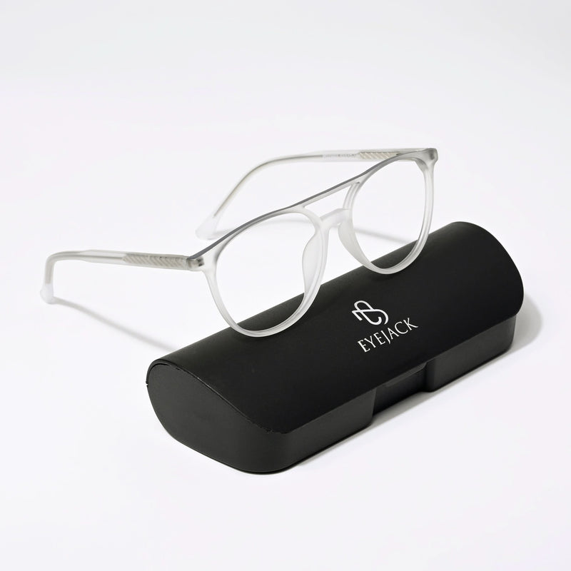 Eyejack Swift Matt Transparent & Grey Round Eyeglasses for Men & Women (MB23002CL137-C2)