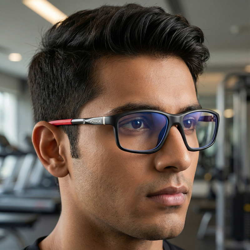 Voyage Striker Black & Red Rectangle Eyeglasses for Men & Women (52504MG6150-C6)